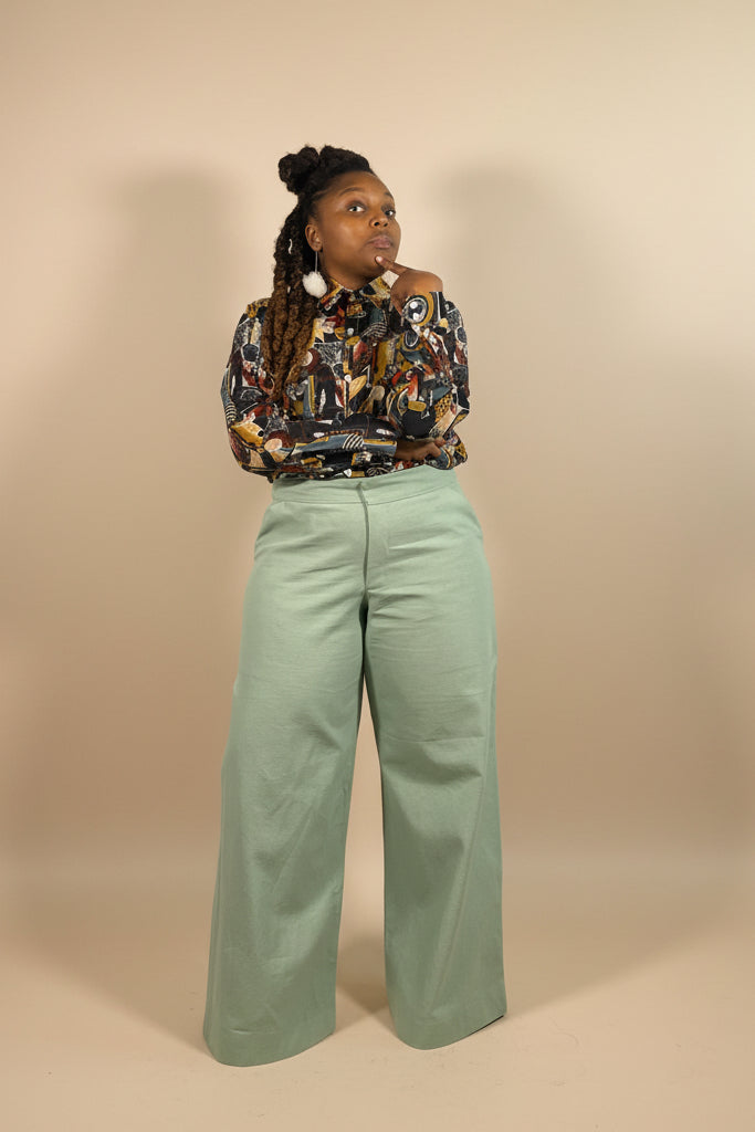 BH Canvas Wide Leg Trouser in Seafoam Green with a tailored waistband and structured wide-leg silhouette.