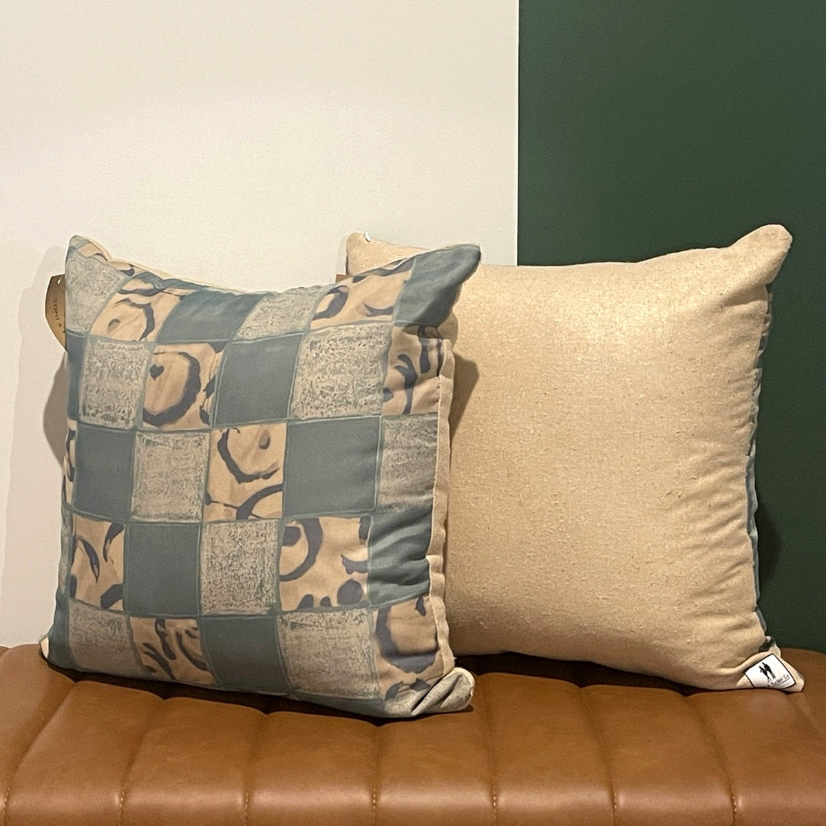 NO.002 Studio Pillow – Cedar Blue Check front view featuring reclaimed blue, taupe, and neutral patchwork textile panels.