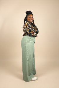 BH Canvas Wide Leg Trouser in Seafoam Green showing the structured canvas fabric and wide-leg shape.