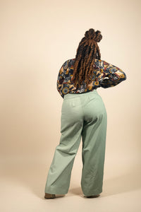 BH Canvas Wide Leg Trouser in Seafoam Green with clean tailored lines through the hips and thighs.