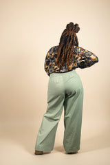 BH Canvas Wide Leg Trouser in Seafoam Green with clean tailored lines through the hips and thighs.