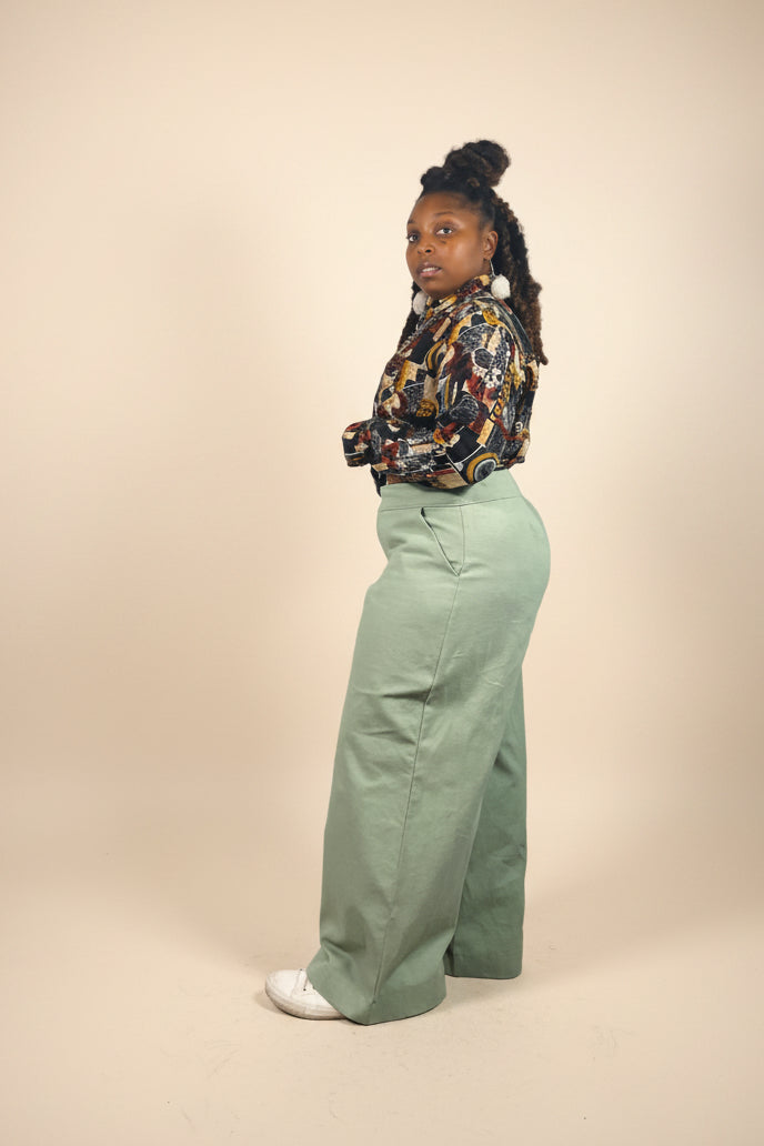 Detail view of the tailored waistband and structured canvas construction on the BH Canvas Wide Leg Trouser.