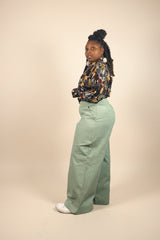 Detail view of the tailored waistband and structured canvas construction on the BH Canvas Wide Leg Trouser.