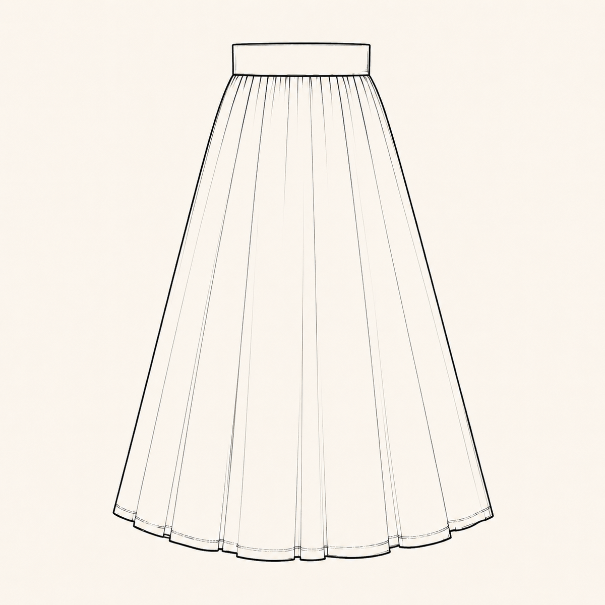 Black line drawing of a long, full gathered skirt with a straight waistband on a warm cream background.