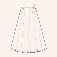 Black line drawing of a long, full gathered skirt with a straight waistband on a warm cream background.