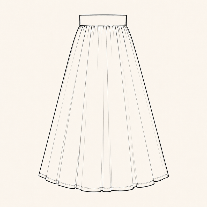 Black line drawing of a long, full gathered skirt with a straight waistband on a warm cream background.